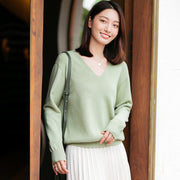 V-Neck Knit Sweater Top Women Solid Color Bottoming Shirt Women