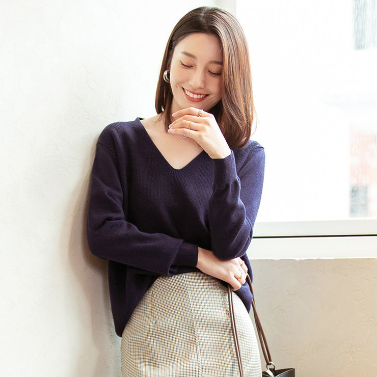 V-Neck Knit Sweater Top Women Solid Color Bottoming Shirt Women