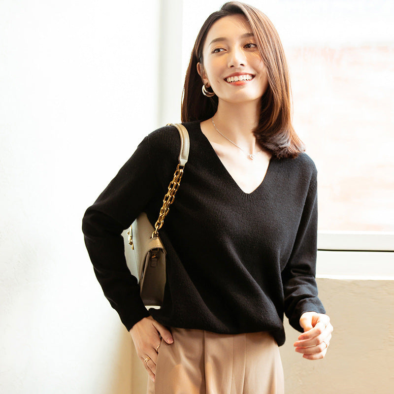 V-Neck Knit Sweater Top Women Solid Color Bottoming Shirt Women