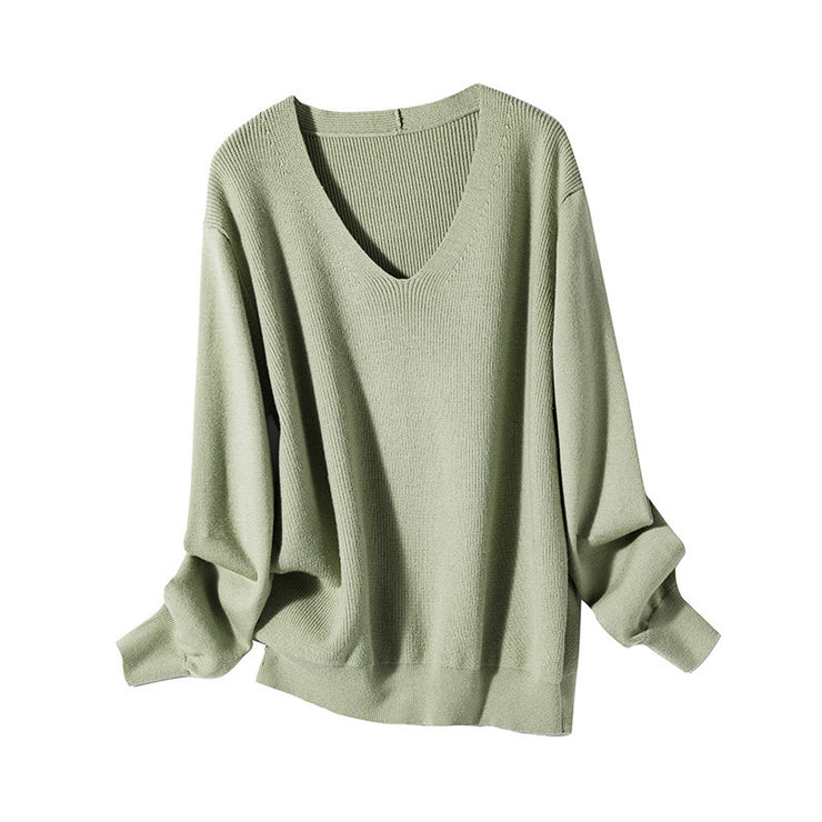 V-Neck Knit Sweater Top Women Solid Color Bottoming Shirt Women