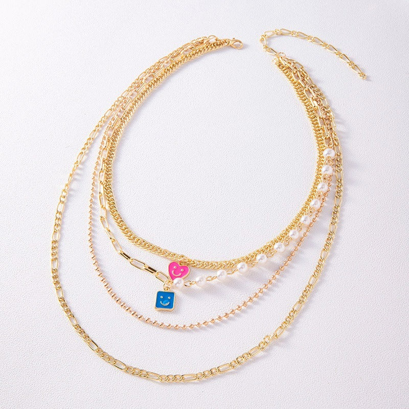 Enamel Smiley Face Charms Pearl Necklace Boho Gold Multi-layer Chunky Chain Statement Necklaces Chokers For Women
