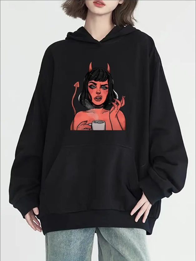 Women's Y2K-Inspired Cat Girl Graphic Hoodie - Casual Long Sleeve With Pockets, Cozy Knit Pullover For Fall & Winter